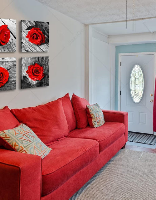Load image into Gallery viewer, Red Bathroom Accessories Wall Decor for Couples Bedroom Black and White Paintings for Living Room Kitchen Home Decorations Canvas Prints Art Rose Flowers Love Picture Frame Artwork 12X12&quot; 4 Pcs/Set
