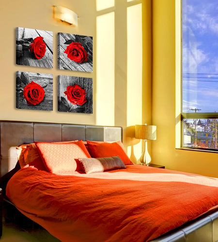 Red Bathroom Accessories Wall Decor for Couples Bedroom Black and White Paintings for Living Room Kitchen Home Decorations Canvas Prints Art Rose Flowers Love Picture Frame Artwork 12X12" 4 Pcs/Set