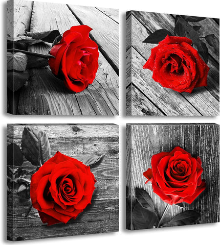 Red Bathroom Accessories Wall Decor for Couples Bedroom Black and White Paintings for Living Room Kitchen Home Decorations Canvas Prints Art Rose Flowers Love Picture Frame Artwork 12X12" 4 Pcs/Set