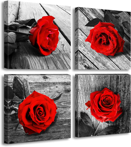 Red Bathroom Accessories Wall Decor for Couples Bedroom Black and White Paintings for Living Room Kitchen Home Decorations Canvas Prints Art Rose Flowers Love Picture Frame Artwork 12X12" 4 Pcs/Set