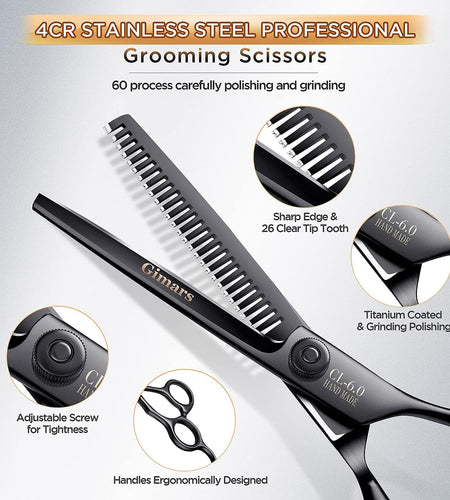 4CR Stainless Steel Safety round Tip 6 in 1 Professional Dog Grooming Scissors Kit, Heavy Duty Titanium Coated Straight & Thinning & Curved Shears & Comb Set for Dog & Cat Grooming