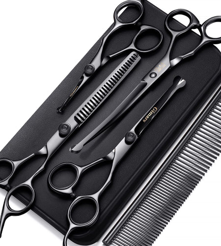 4CR Stainless Steel Safety round Tip 6 in 1 Professional Dog Grooming Scissors Kit, Heavy Duty Titanium Coated Straight & Thinning & Curved Shears & Comb Set for Dog & Cat Grooming